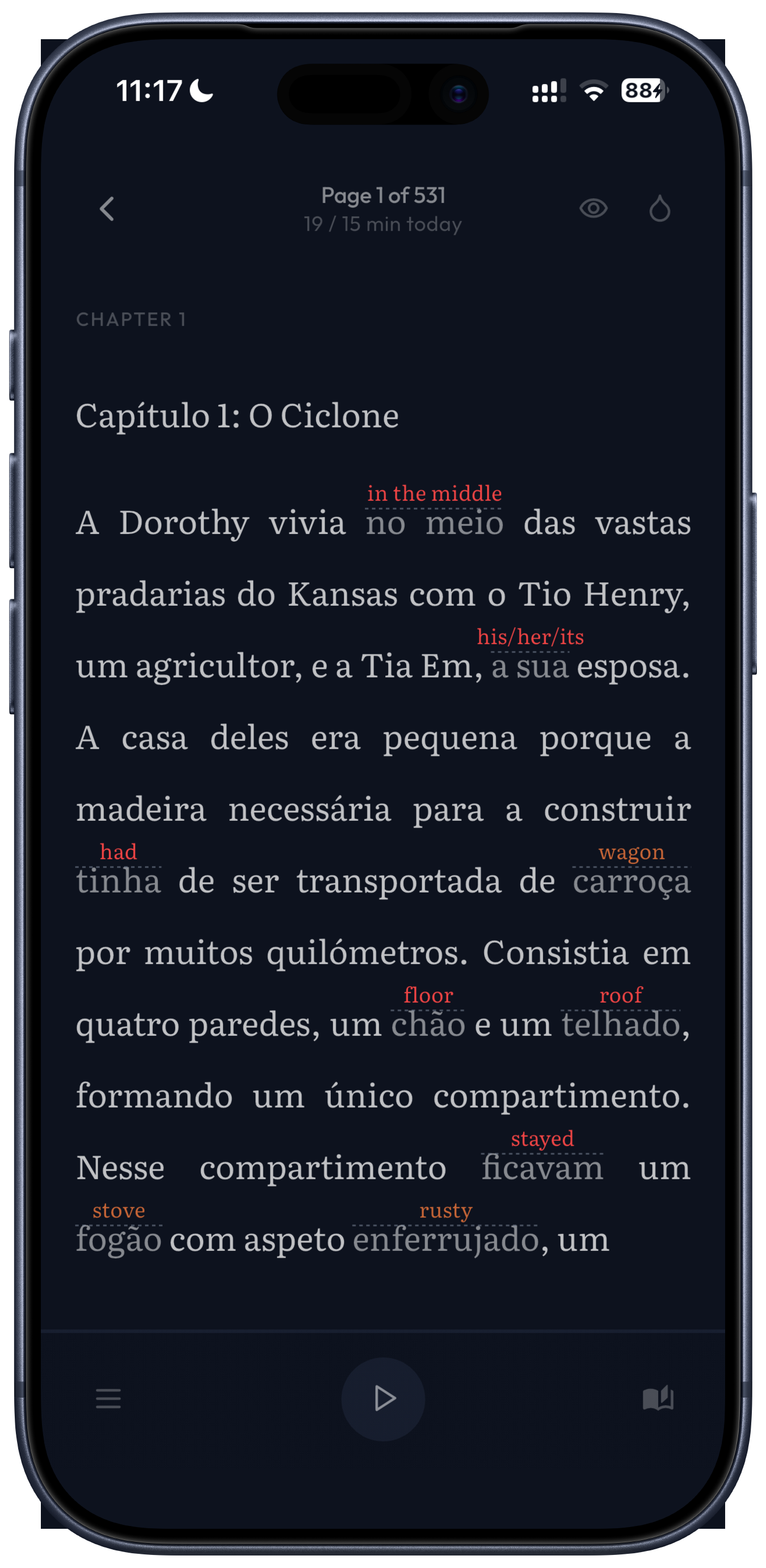A page being read with a word translated inline