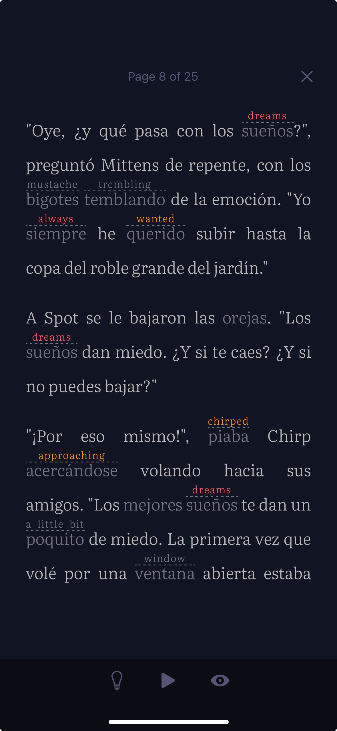Translations printed above the words you saved, in a Spanish story. Words you have marked as memorized stop showing their translation.