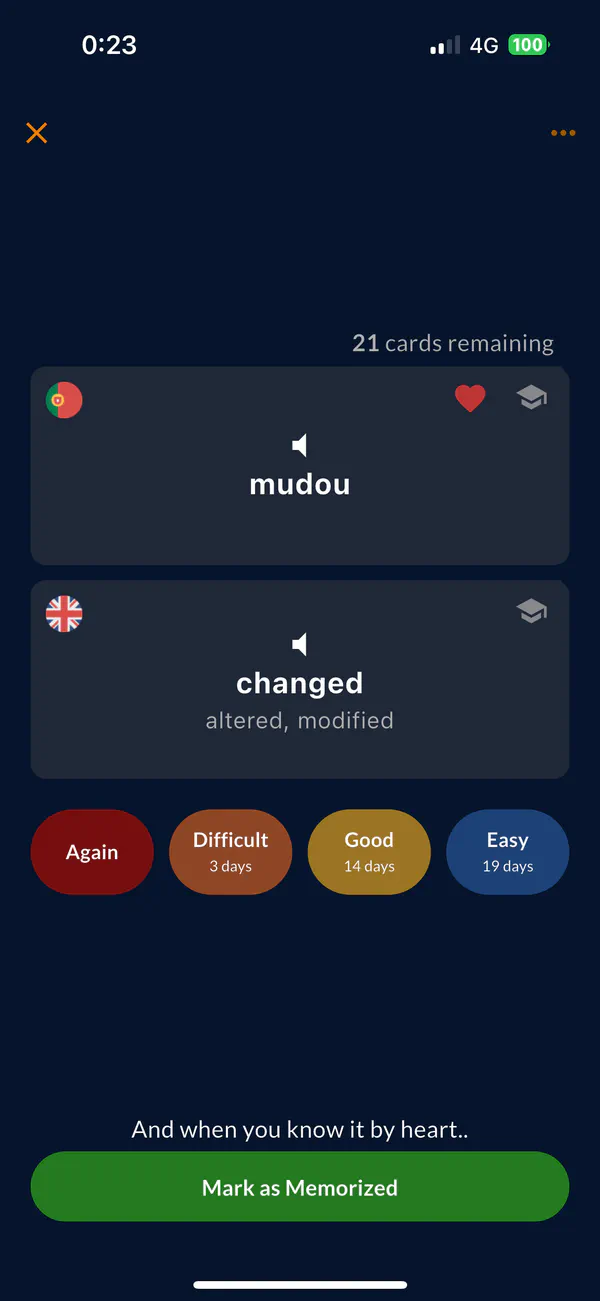 Practice your saved translations using flashcards