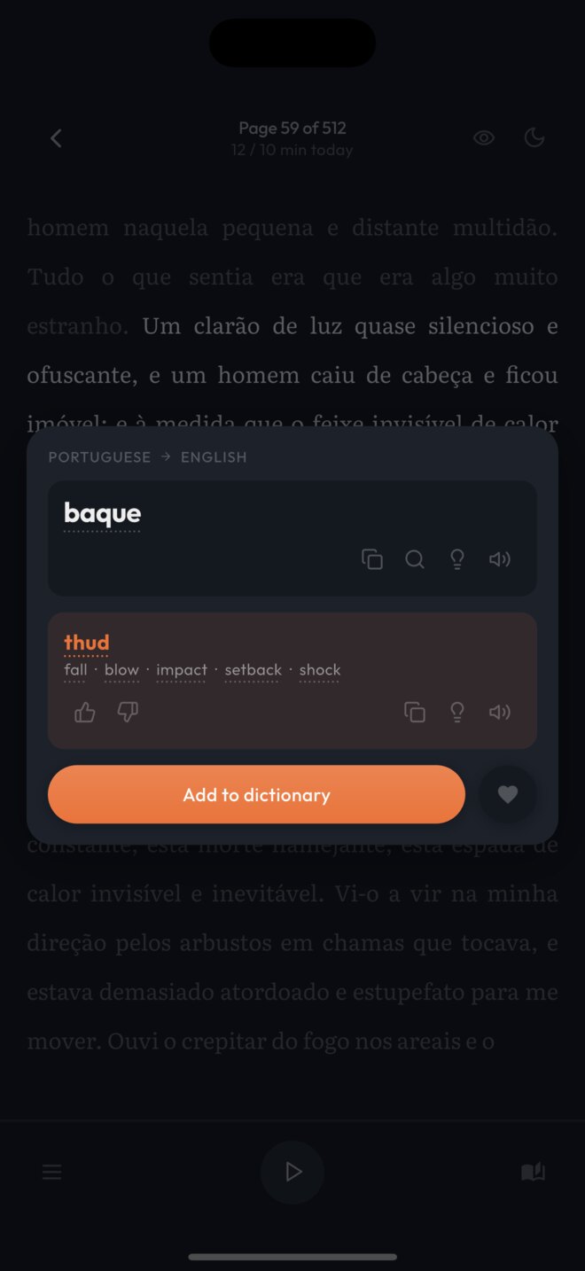 The translation card for the Portuguese word baque, showing thud and other meanings