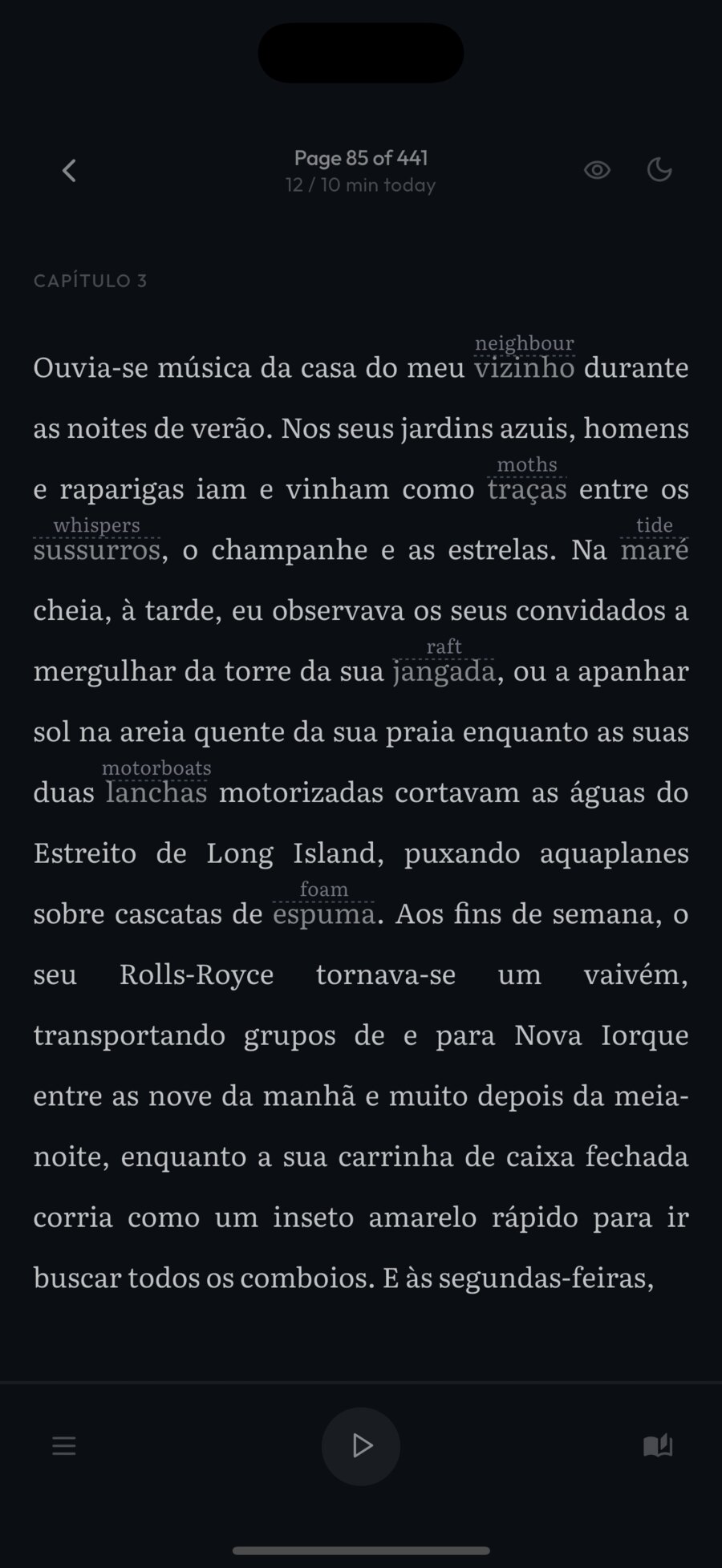 A page of a Portuguese book with the translation shown above each saved word